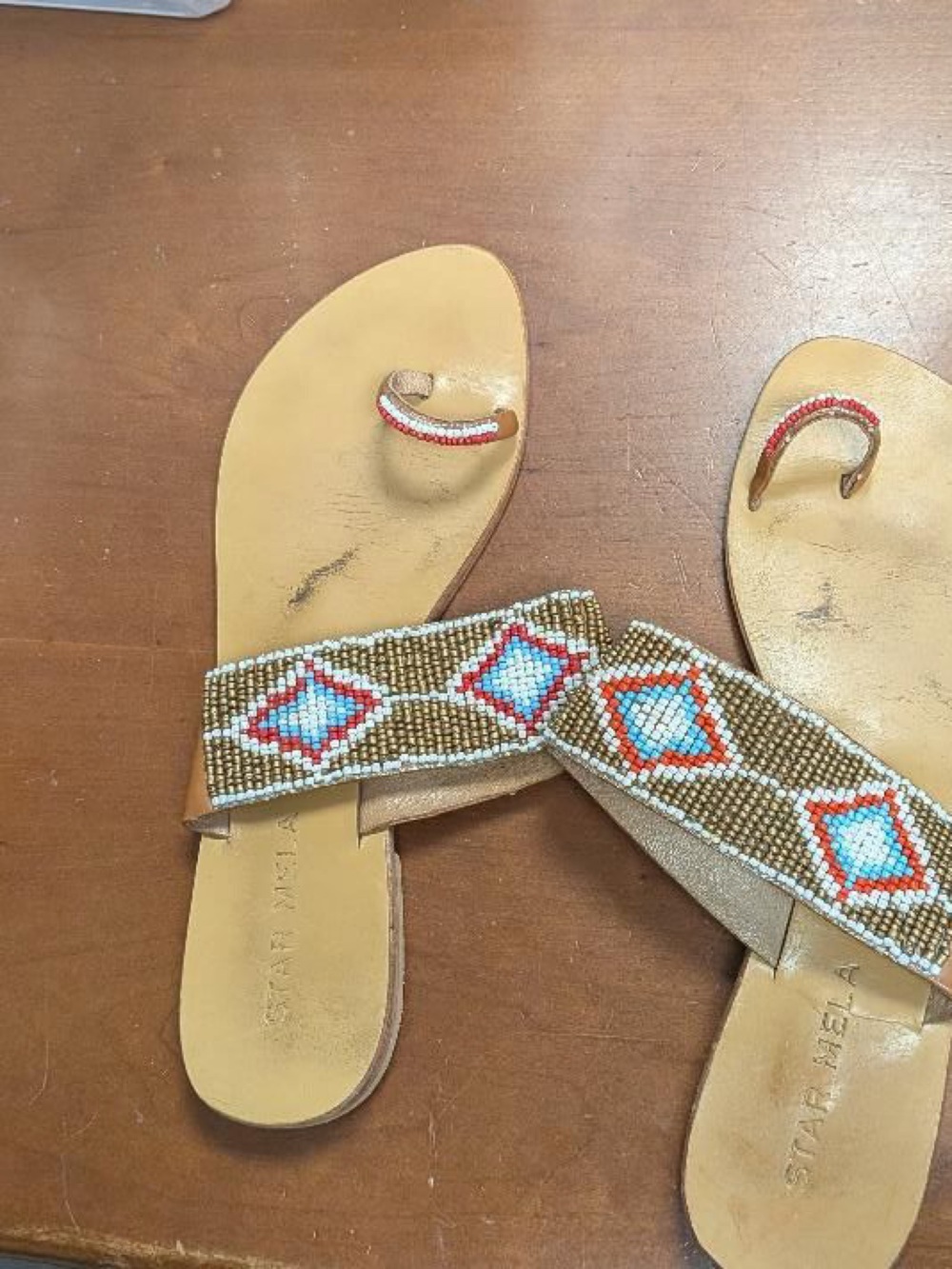 Star Mela Tan Beaded Slide Sandals with Red and Turquoise Accents
